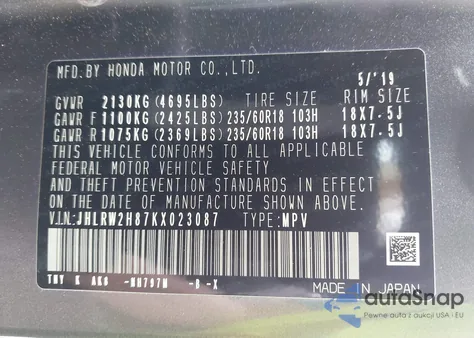 2019 Honda Cr-V Ex-L z USA, uszkodzony, nr VIN JHLRW2H87KX023087
